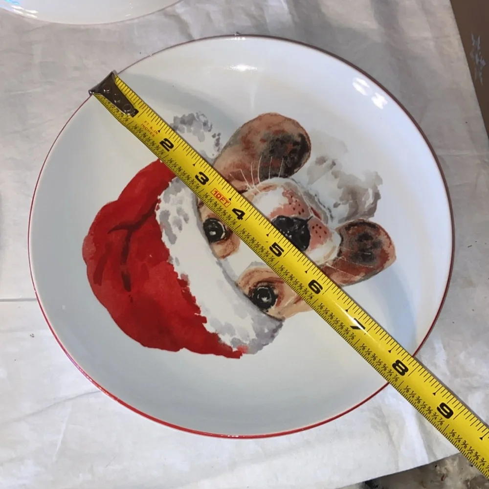 New in box Pier 1 Holiday Christmas dogs set of 4 salad plates.